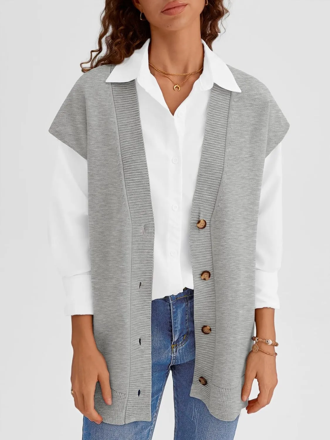 LILLUSORY Women V Neck Sweater Vest Oversized Long Cardigan Casual Vest Tops 2024 Trendy