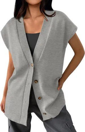 LILLUSORY Women V Neck Sweater Vest Oversized Long Cardigan Casual Vest Tops 2024 Trendy