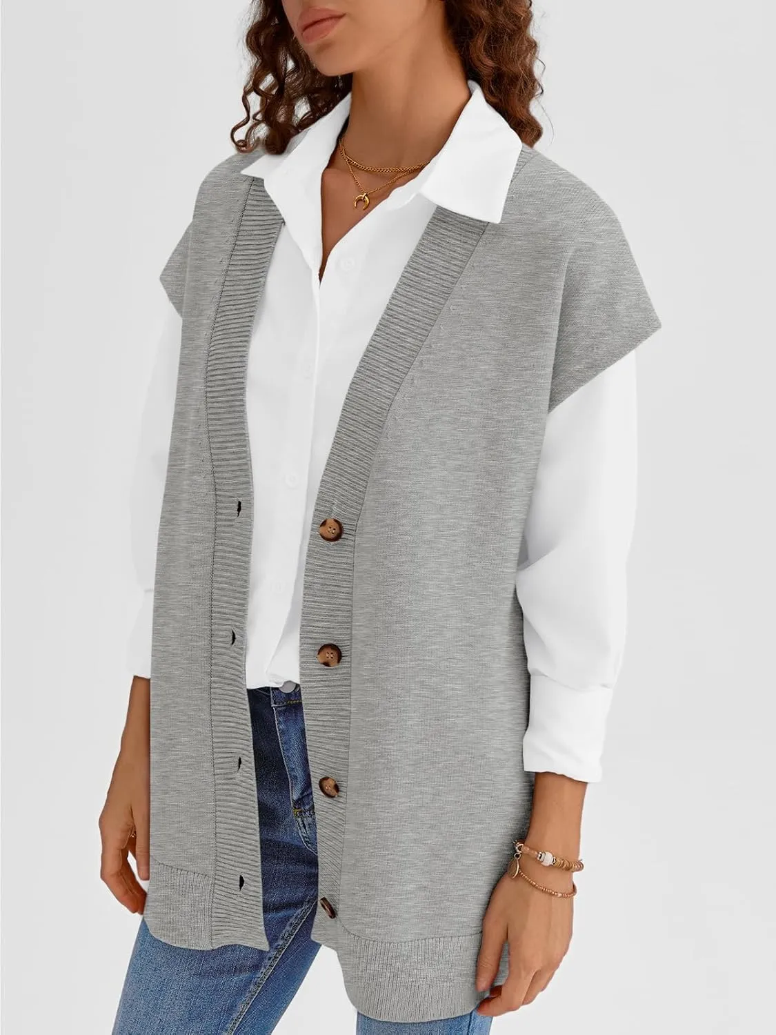 LILLUSORY Women V Neck Sweater Vest Oversized Long Cardigan Casual Vest Tops 2024 Trendy