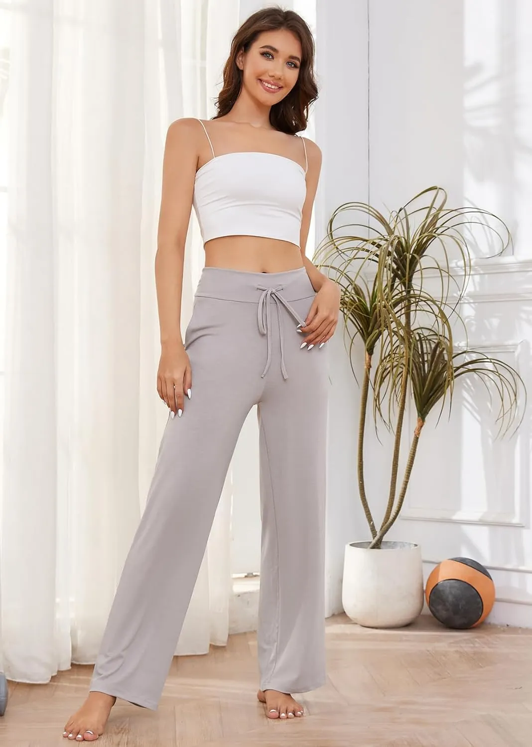 LOCUBE Women's Pajama Pants High Waist Wide Leg Sleep Bottoms with Drawstring & Pockets, Soft Stretchy Comfy Lounge Pants