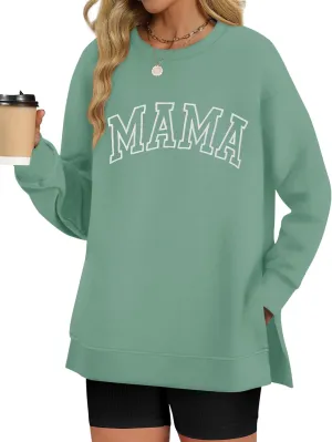 LOMON Long Sleeve Mama Shirts for Women Crewneck Oversized Tshirts Split Side Graphic Tees Fall Pullover Tops