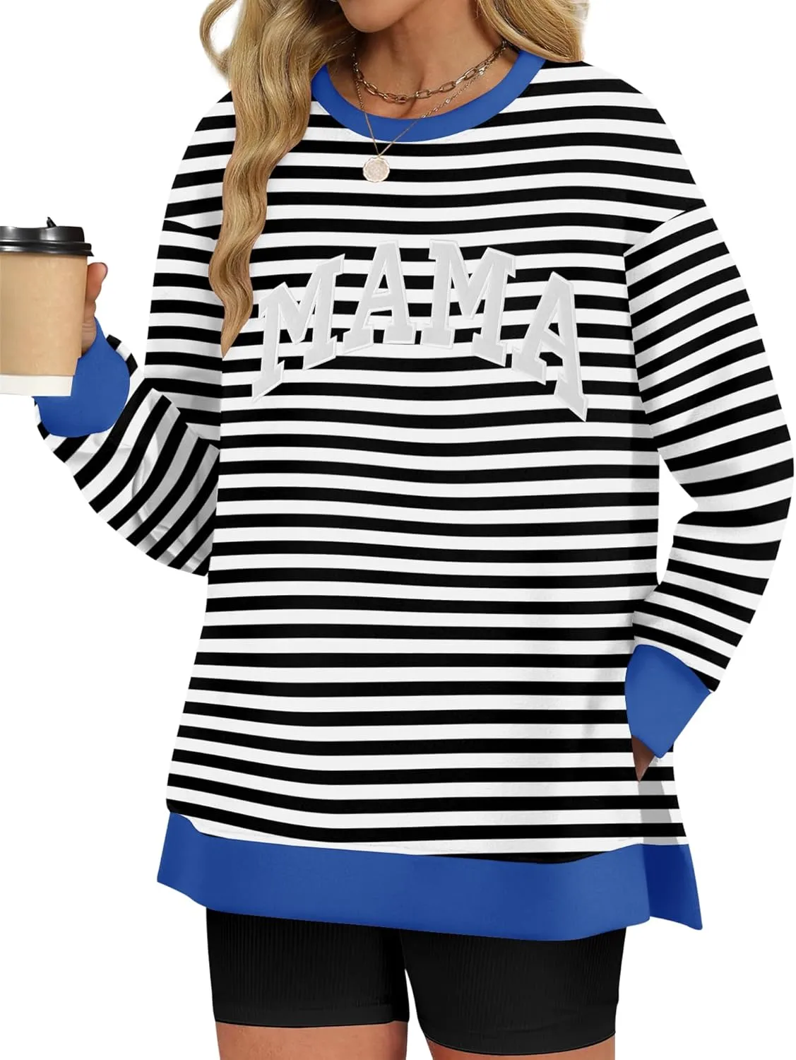 LOMON Long Sleeve Mama Shirts for Women Crewneck Oversized Tshirts Split Side Graphic Tees Fall Pullover Tops