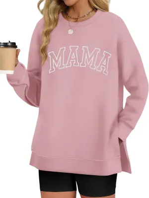 LOMON Long Sleeve Mama Shirts for Women Crewneck Oversized Tshirts Split Side Graphic Tees Fall Pullover Tops