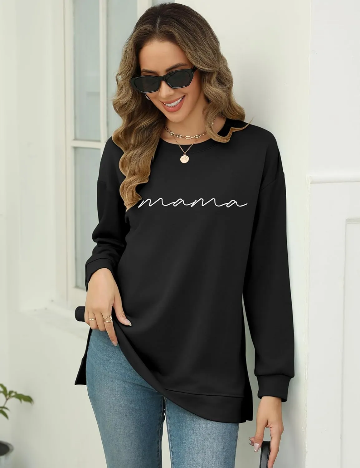 LOMON Long Sleeve Mama Shirts for Women Crewneck Oversized Tshirts Split Side Graphic Tees Fall Pullover Tops