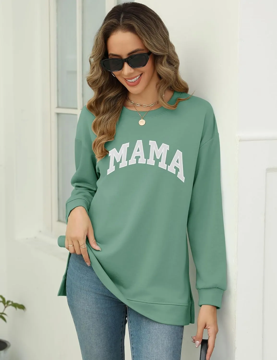 LOMON Long Sleeve Mama Shirts for Women Crewneck Oversized Tshirts Split Side Graphic Tees Fall Pullover Tops