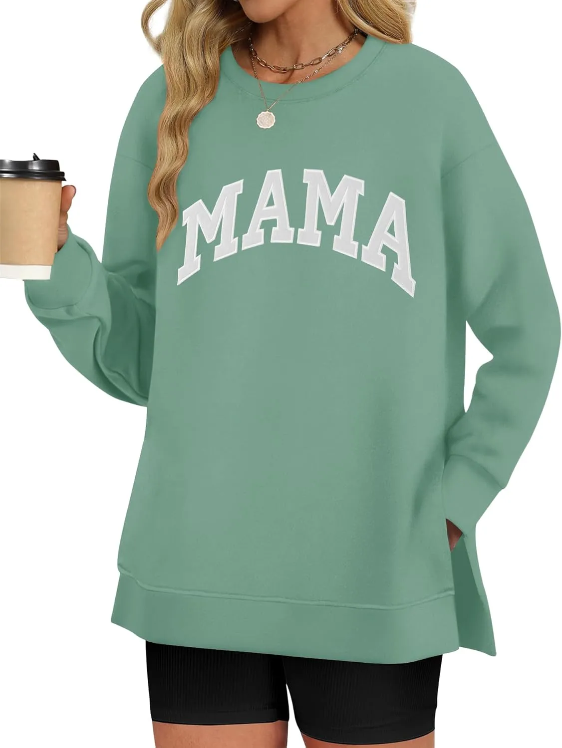 LOMON Long Sleeve Mama Shirts for Women Crewneck Oversized Tshirts Split Side Graphic Tees Fall Pullover Tops
