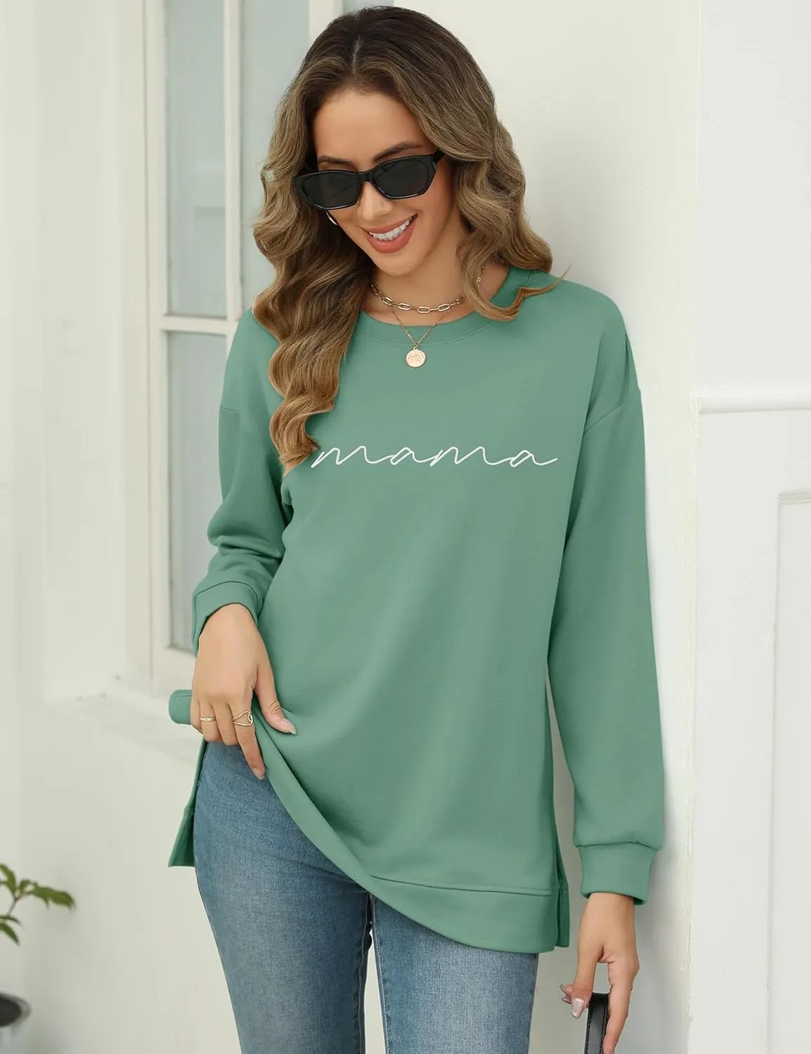 LOMON Long Sleeve Mama Shirts for Women Crewneck Oversized Tshirts Split Side Graphic Tees Fall Pullover Tops