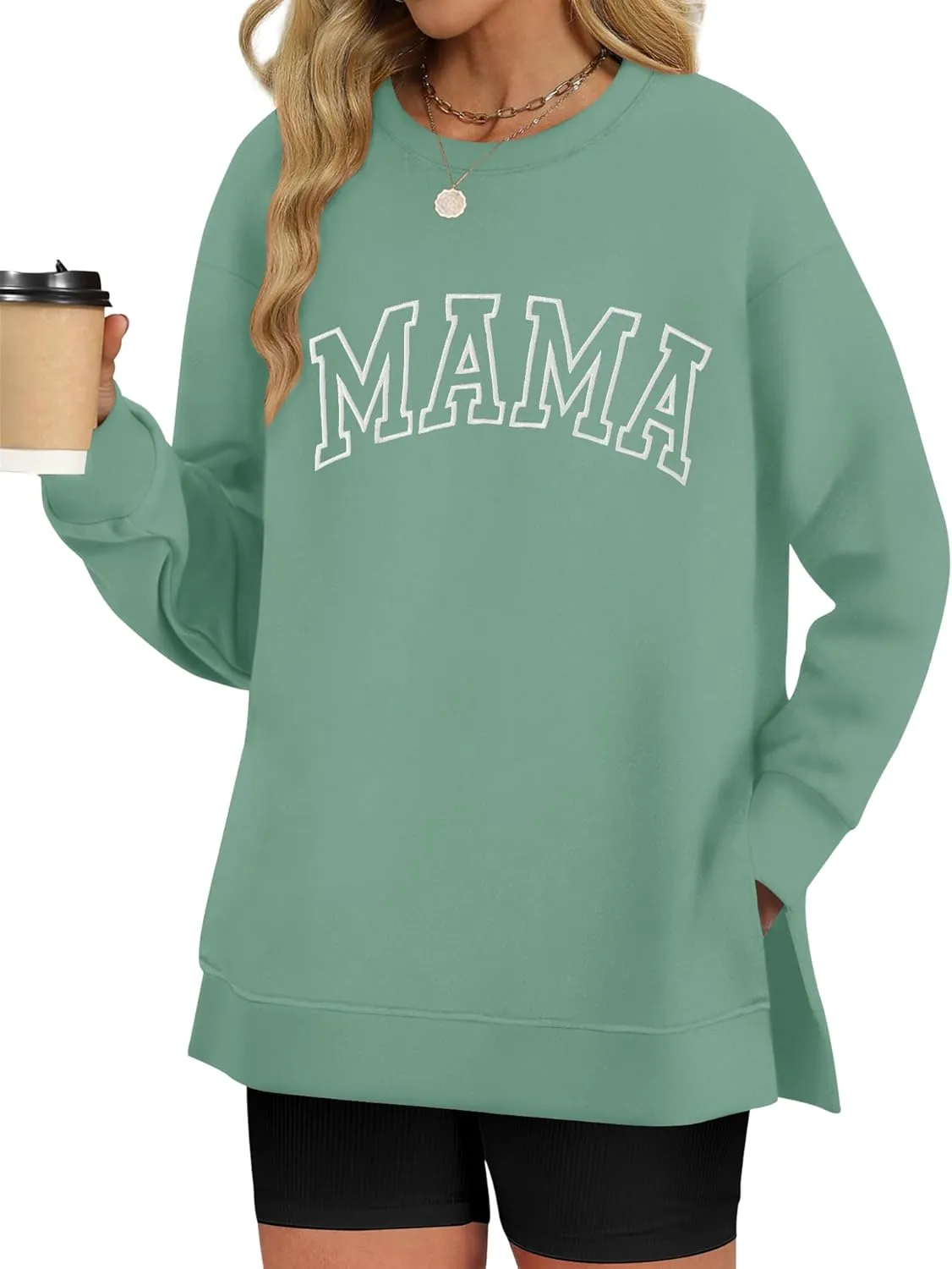 LOMON Long Sleeve Mama Shirts for Women Crewneck Oversized Tshirts Split Side Graphic Tees Fall Pullover Tops