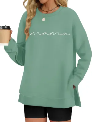 LOMON Long Sleeve Mama Shirts for Women Crewneck Oversized Tshirts Split Side Graphic Tees Fall Pullover Tops
