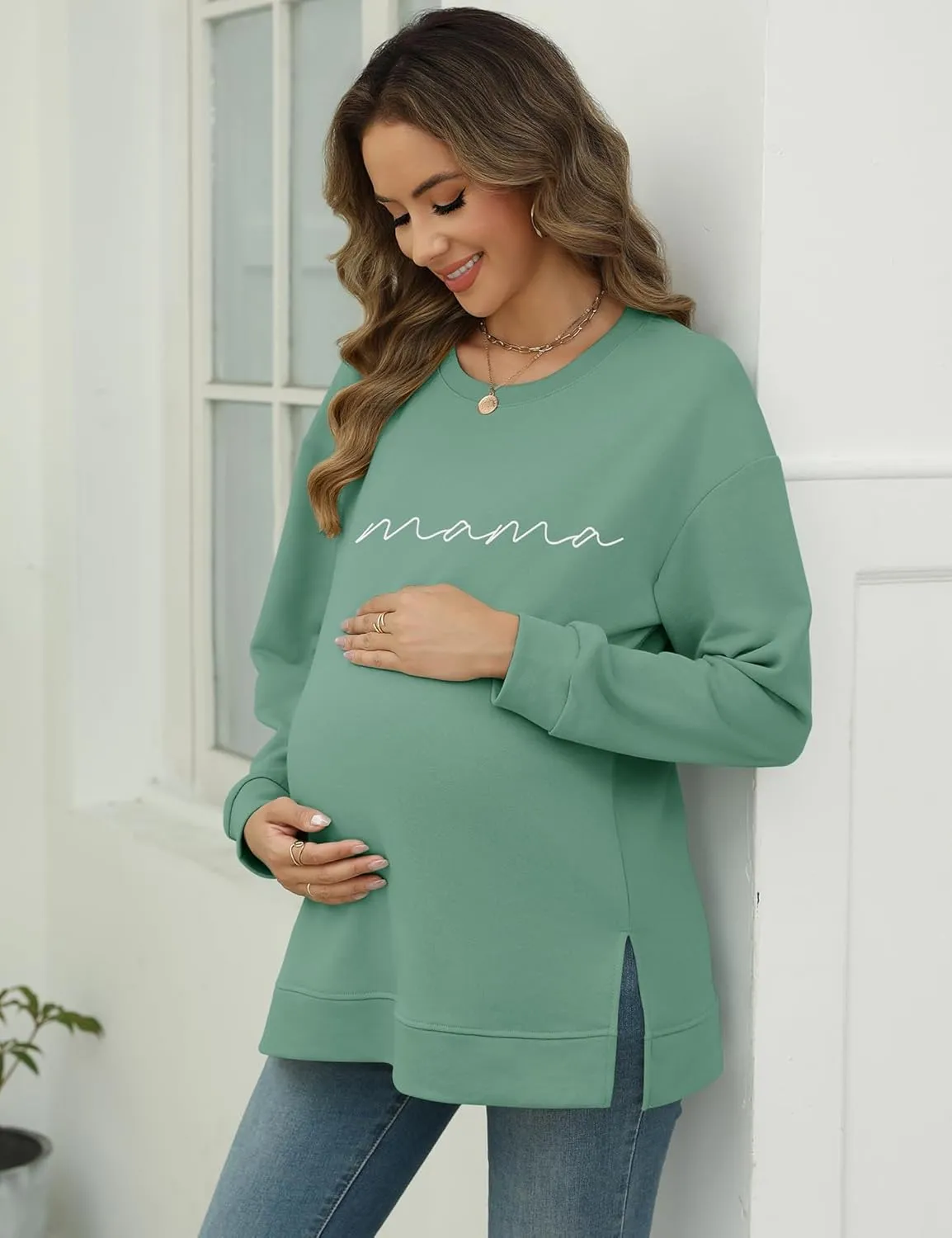 LOMON Long Sleeve Mama Shirts for Women Crewneck Oversized Tshirts Split Side Graphic Tees Fall Pullover Tops