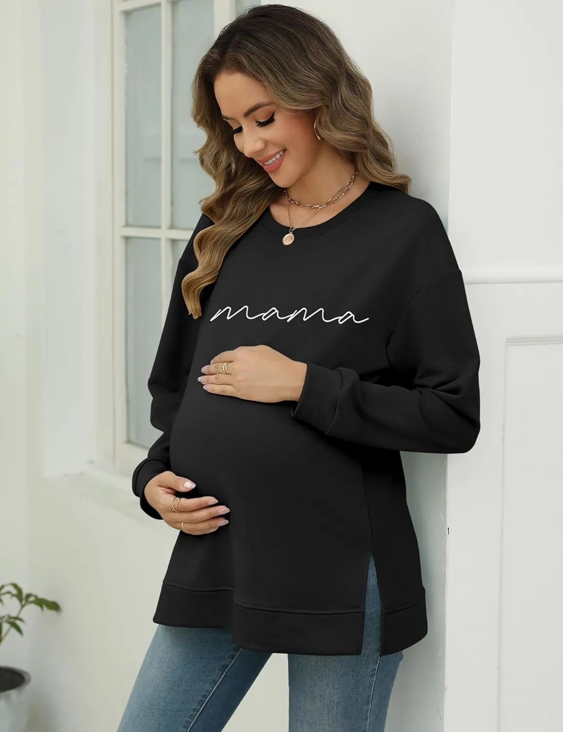 LOMON Long Sleeve Mama Shirts for Women Crewneck Oversized Tshirts Split Side Graphic Tees Fall Pullover Tops