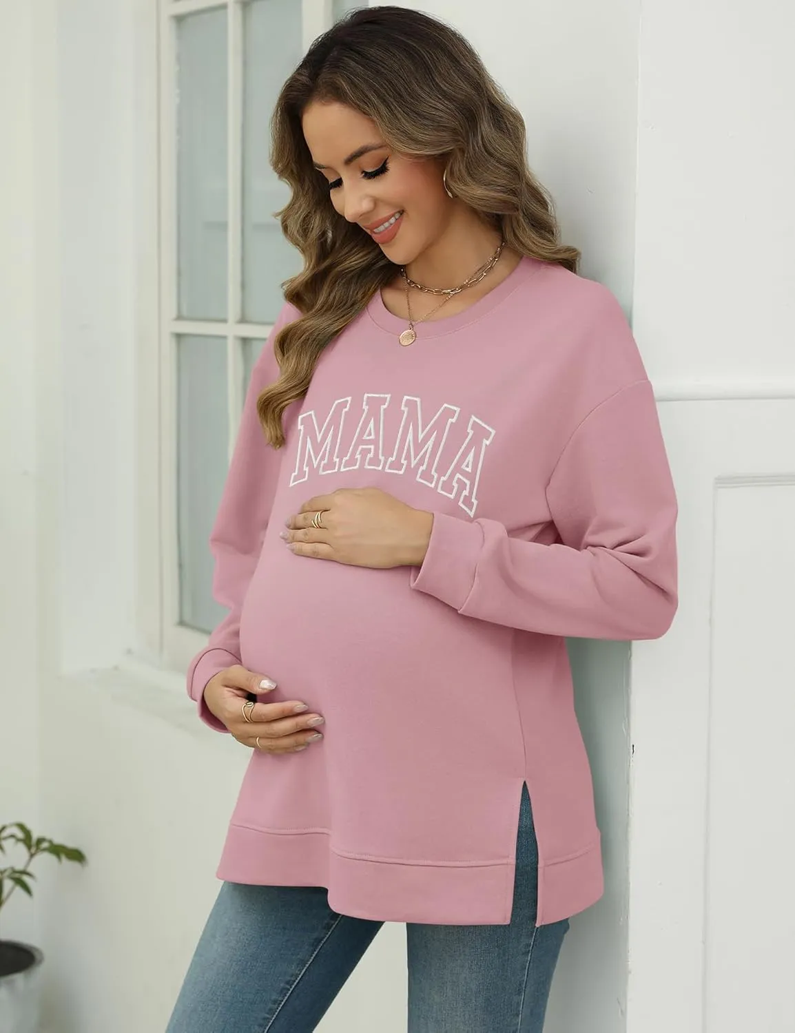 LOMON Long Sleeve Mama Shirts for Women Crewneck Oversized Tshirts Split Side Graphic Tees Fall Pullover Tops