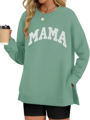 LOMON Long Sleeve Mama Shirts for Women Crewneck Oversized Tshirts Split Side Graphic Tees Fall Pullover Tops