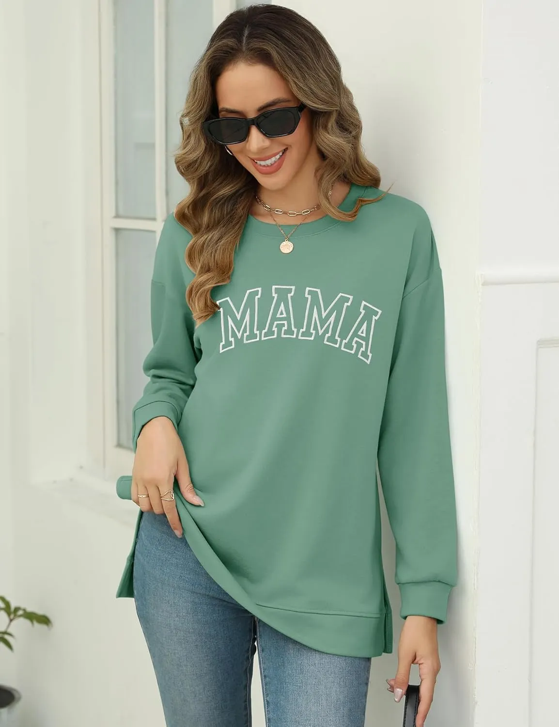 LOMON Long Sleeve Mama Shirts for Women Crewneck Oversized Tshirts Split Side Graphic Tees Fall Pullover Tops