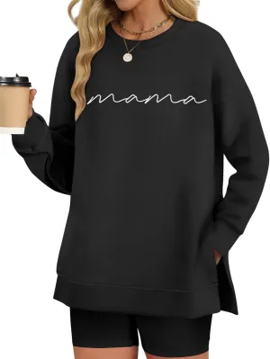 LOMON Long Sleeve Mama Shirts for Women Crewneck Oversized Tshirts Split Side Graphic Tees Fall Pullover Tops