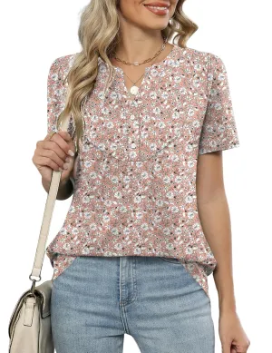 LOMON Womens Short Sleeve Tops Henley V-Neck T-Shirts Casual Pleated Blouses Dressy Loose Summer Clothes 2025 S-XXL