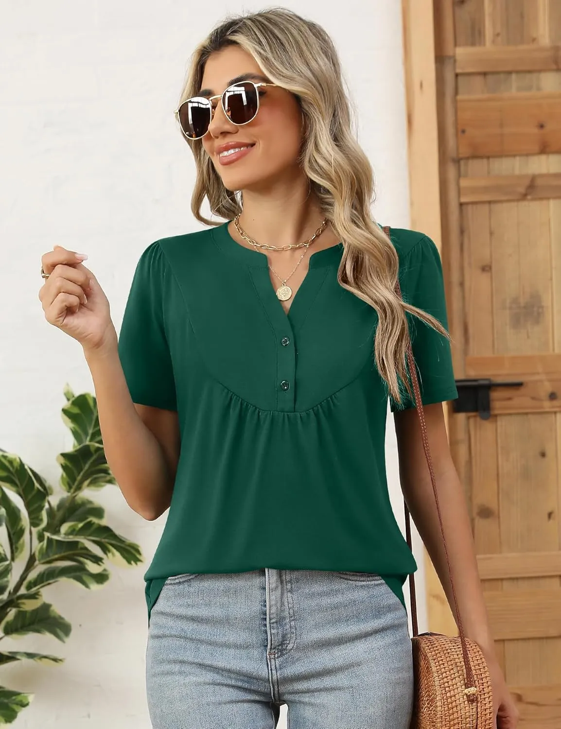 LOMON Womens Short Sleeve Tops Henley V-Neck T-Shirts Casual Pleated Blouses Dressy Loose Summer Clothes 2025 S-XXL