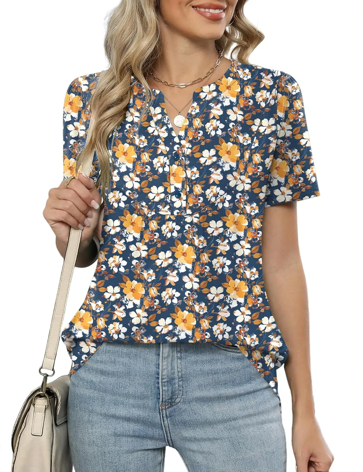 LOMON Womens Short Sleeve Tops Henley V-Neck T-Shirts Casual Pleated Blouses Dressy Loose Summer Clothes 2025 S-XXL