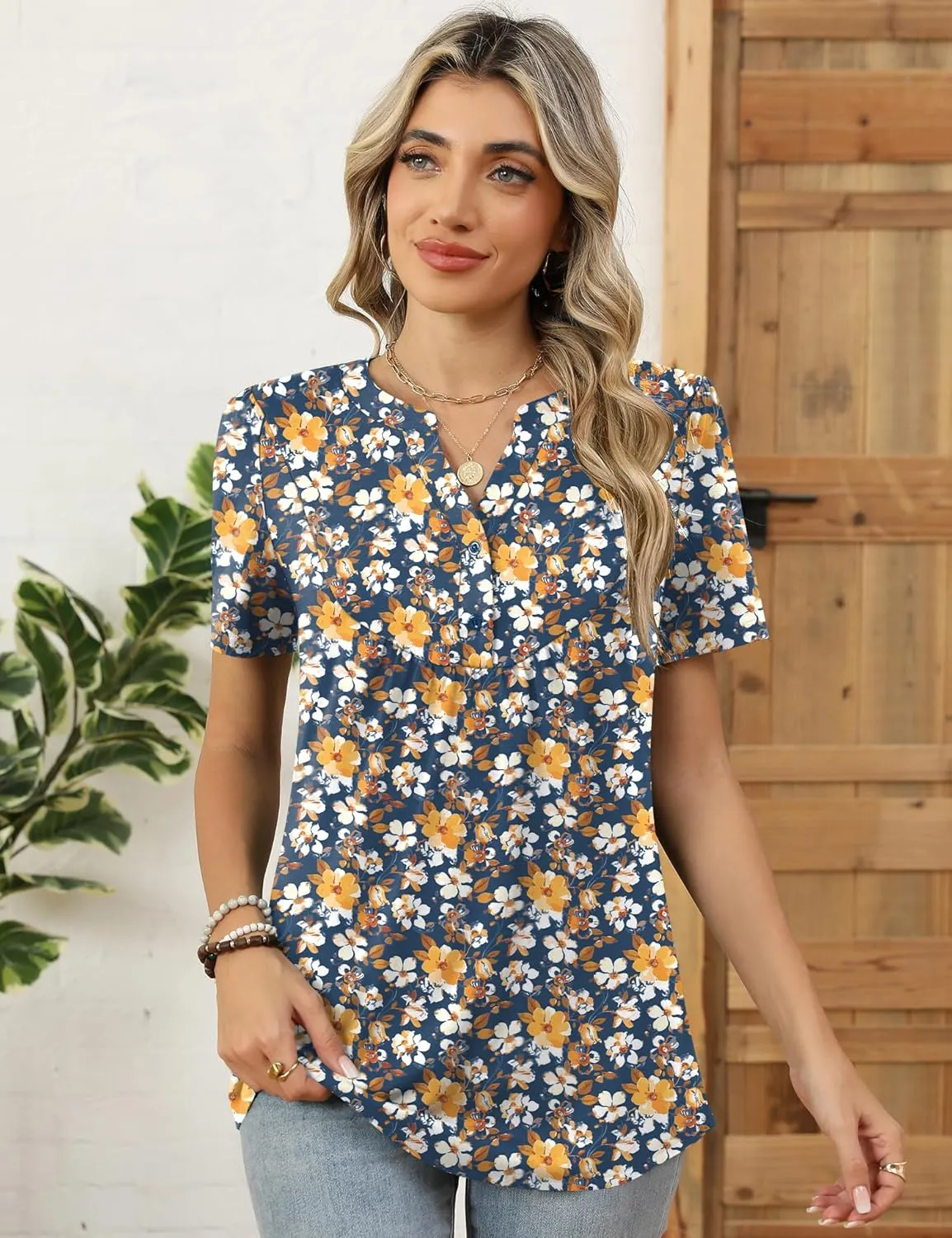 LOMON Womens Short Sleeve Tops Henley V-Neck T-Shirts Casual Pleated Blouses Dressy Loose Summer Clothes 2025 S-XXL