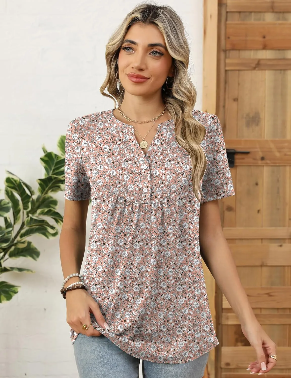 LOMON Womens Short Sleeve Tops Henley V-Neck T-Shirts Casual Pleated Blouses Dressy Loose Summer Clothes 2025 S-XXL