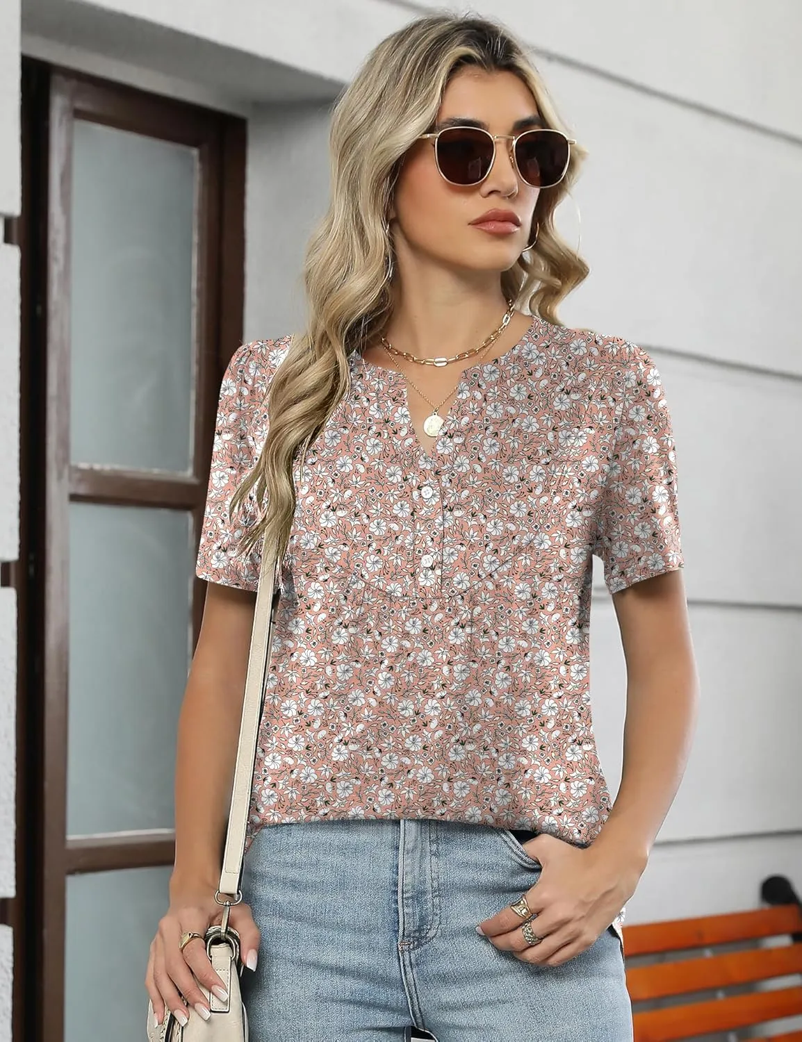 LOMON Womens Short Sleeve Tops Henley V-Neck T-Shirts Casual Pleated Blouses Dressy Loose Summer Clothes 2025 S-XXL