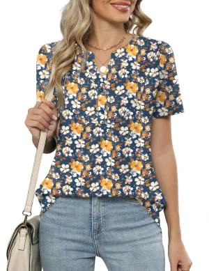 LOMON Womens Short Sleeve Tops Henley V-Neck T-Shirts Casual Pleated Blouses Dressy Loose Summer Clothes 2025 S-XXL