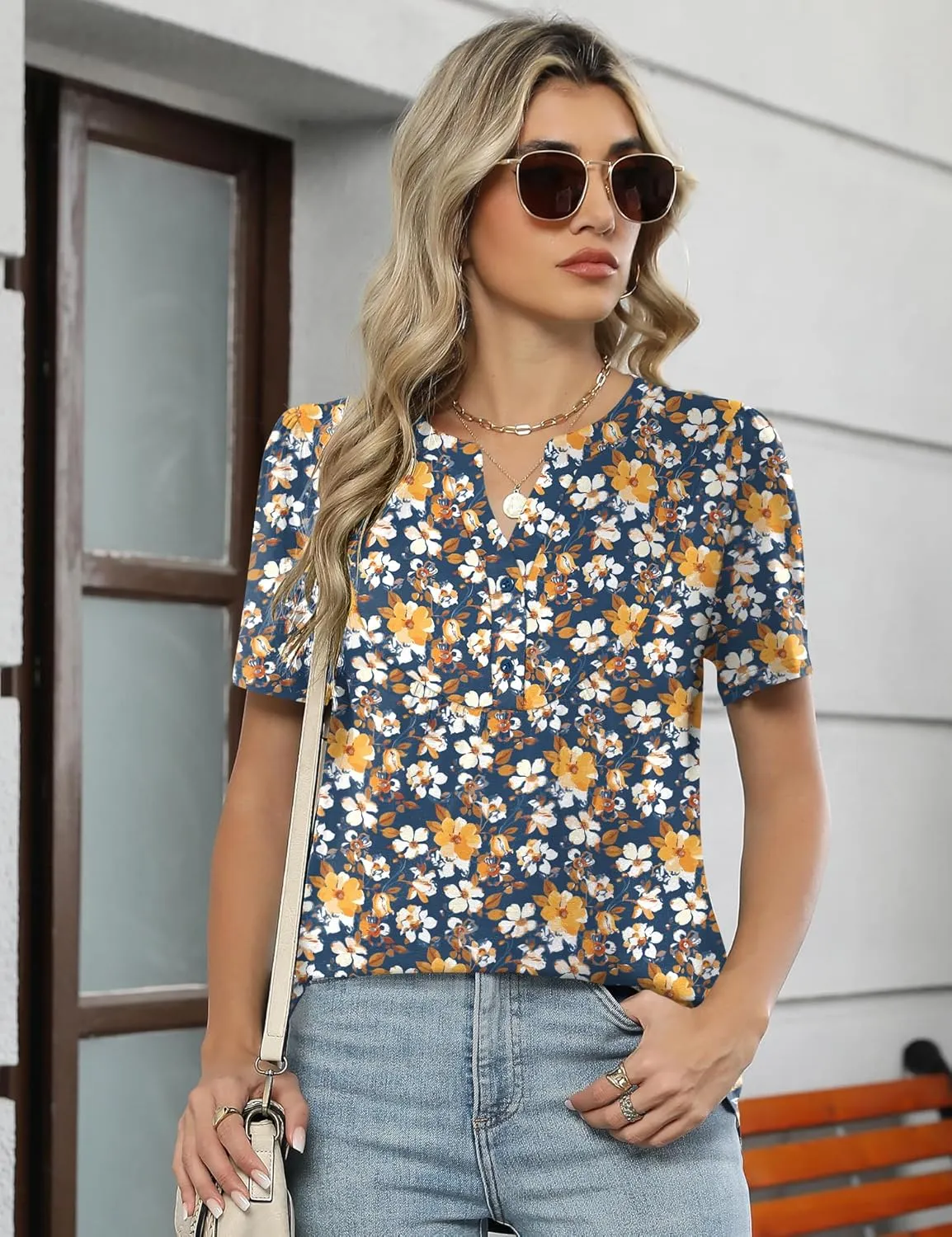 LOMON Womens Short Sleeve Tops Henley V-Neck T-Shirts Casual Pleated Blouses Dressy Loose Summer Clothes 2025 S-XXL