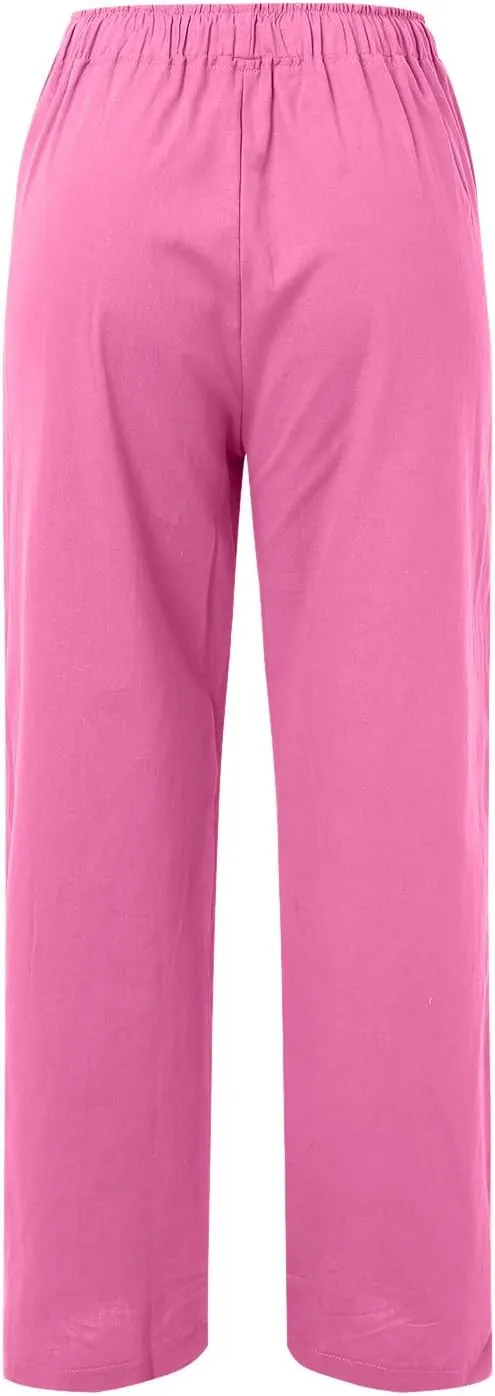 Loose Linen Pants for Women 2025 Baggy Y2K Summer Stretchy Boho Beach Pants Relaxed Loose Fit Elastic Lightweight Trousers
