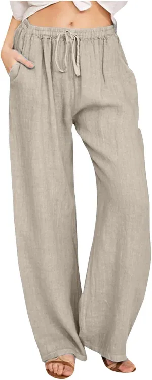Loose Linen Pants for Women 2025 Baggy Y2K Summer Stretchy Boho Beach Pants Relaxed Loose Fit Elastic Lightweight Trousers