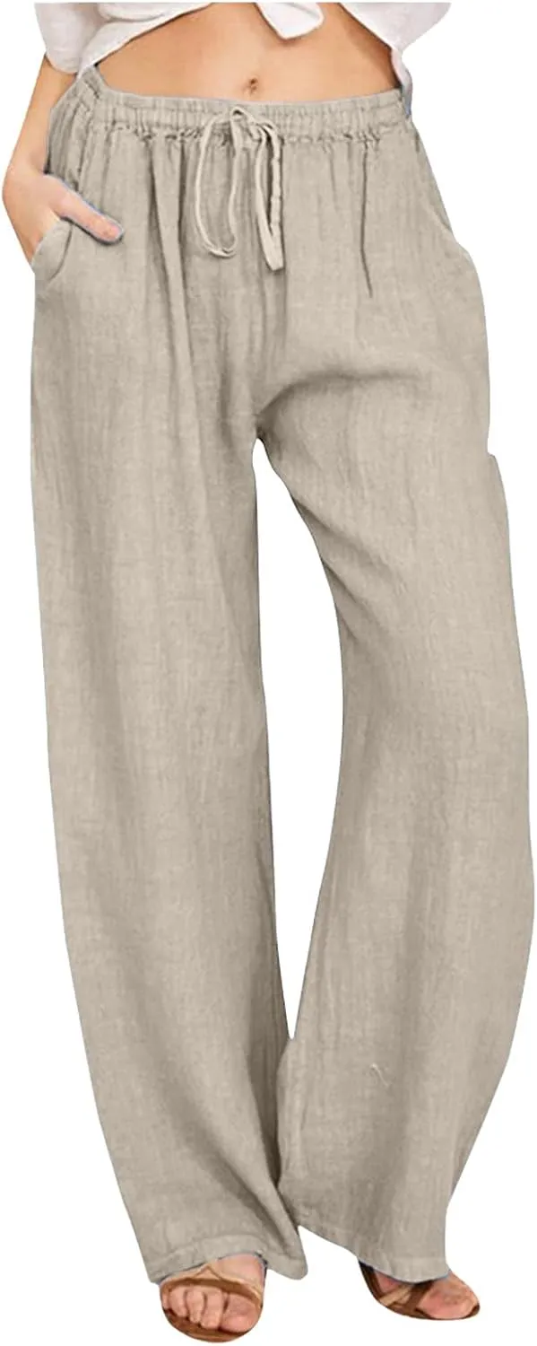 Loose Linen Pants for Women 2025 Baggy Y2K Summer Stretchy Boho Beach Pants Relaxed Loose Fit Elastic Lightweight Trousers