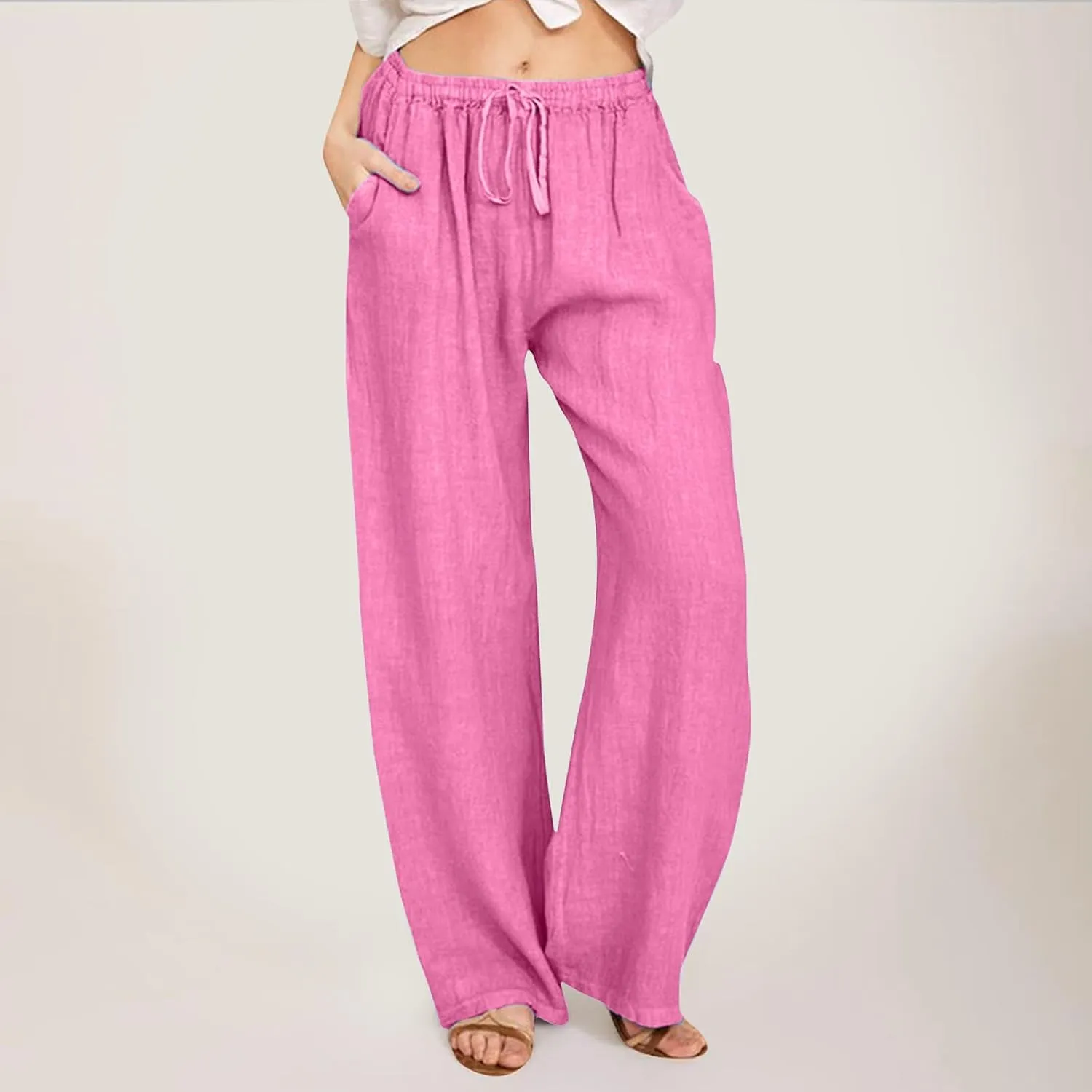 Loose Linen Pants for Women 2025 Baggy Y2K Summer Stretchy Boho Beach Pants Relaxed Loose Fit Elastic Lightweight Trousers