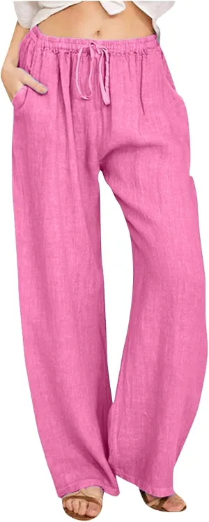 Loose Linen Pants for Women 2025 Baggy Y2K Summer Stretchy Boho Beach Pants Relaxed Loose Fit Elastic Lightweight Trousers