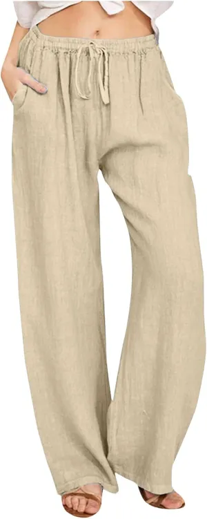 Loose Linen Pants for Women 2025 Baggy Y2K Summer Stretchy Boho Beach Pants Relaxed Loose Fit Elastic Lightweight Trousers