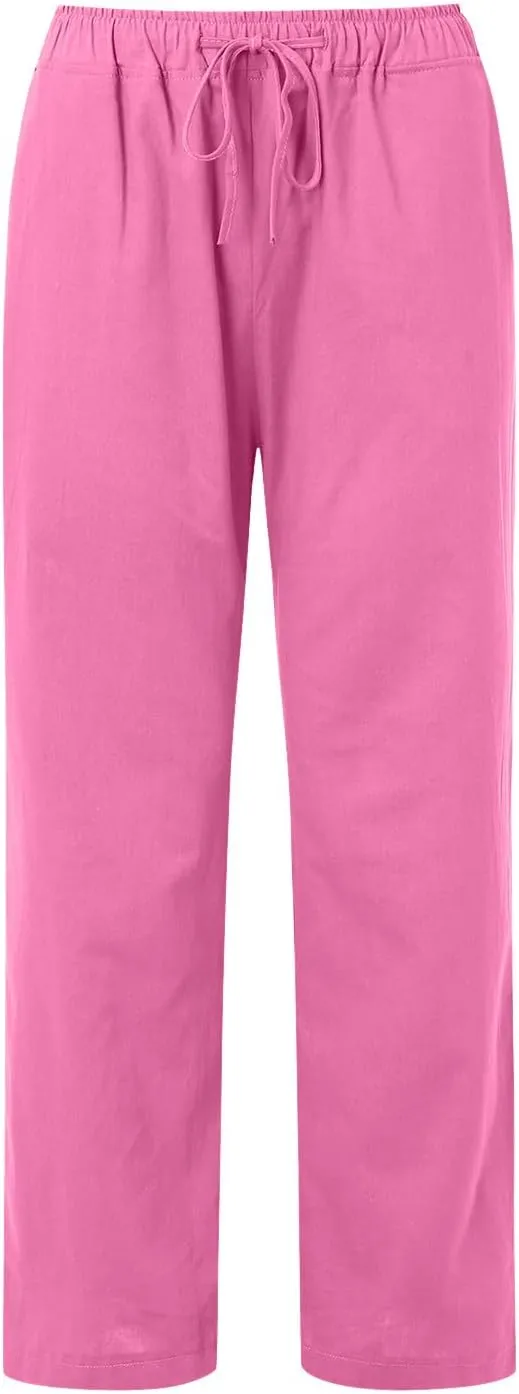 Loose Linen Pants for Women 2025 Baggy Y2K Summer Stretchy Boho Beach Pants Relaxed Loose Fit Elastic Lightweight Trousers