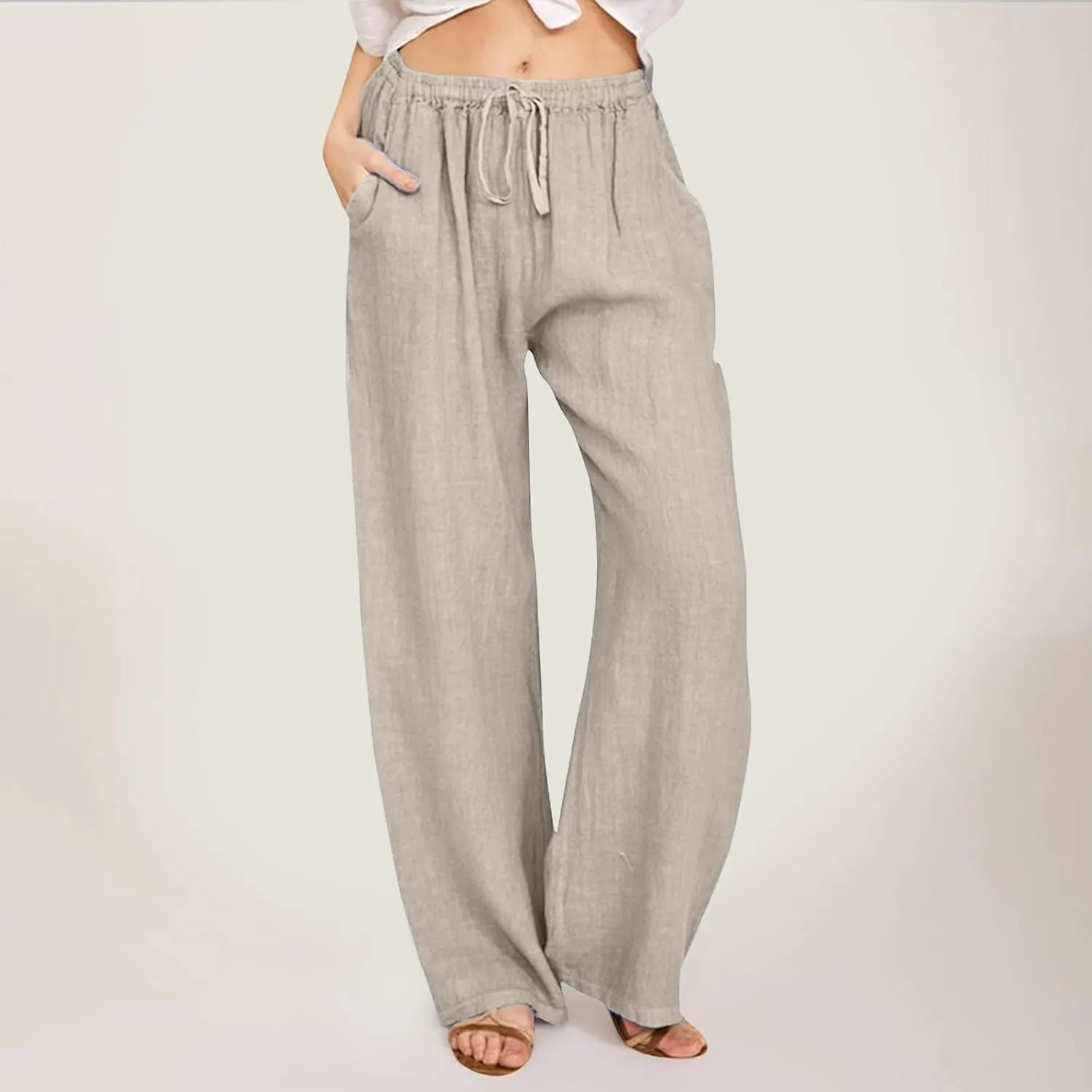 Loose Linen Pants for Women 2025 Baggy Y2K Summer Stretchy Boho Beach Pants Relaxed Loose Fit Elastic Lightweight Trousers