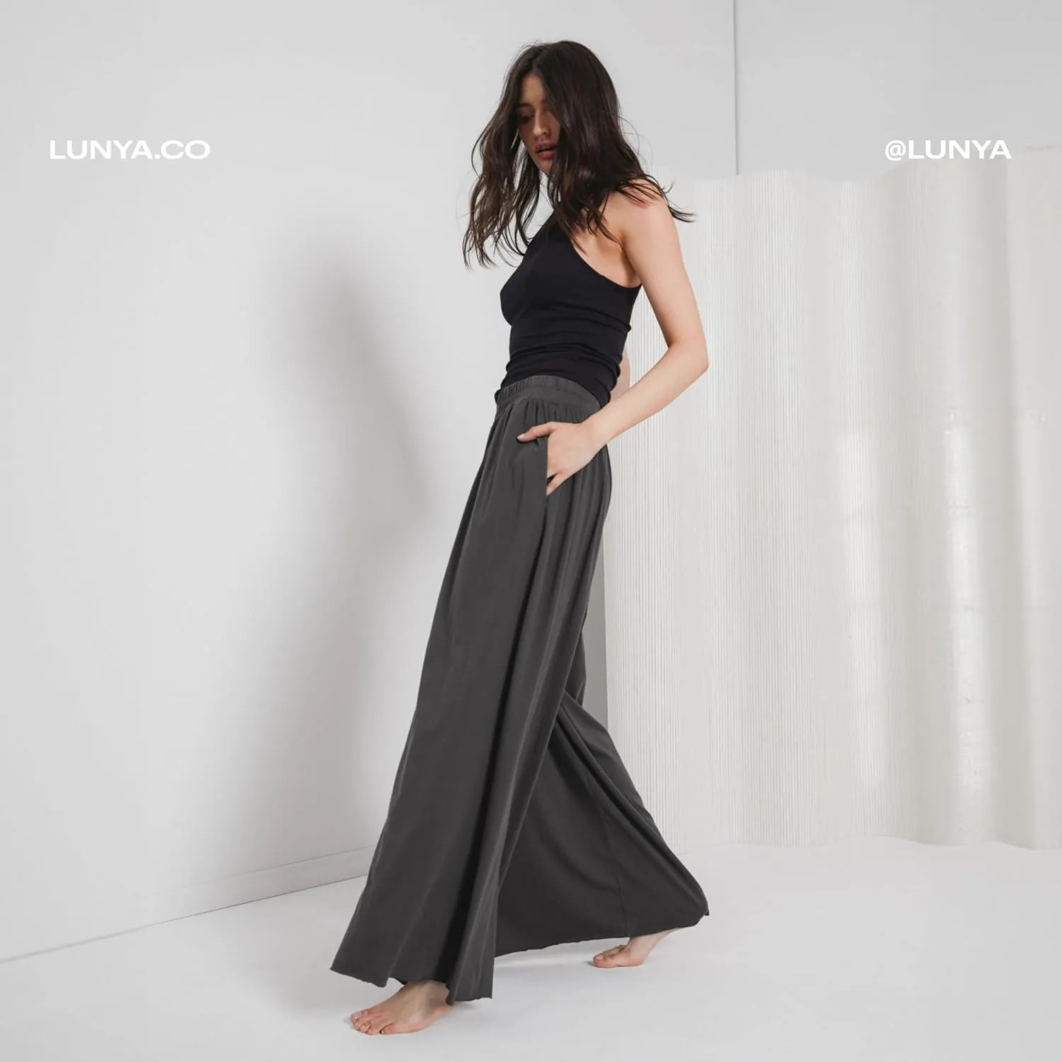 Lunya Organic Pima Wide Leg Cotton Pants for Women - Organic Cotton Palazzo Pants - High Rise Waistband - Relaxed Lounge Wear