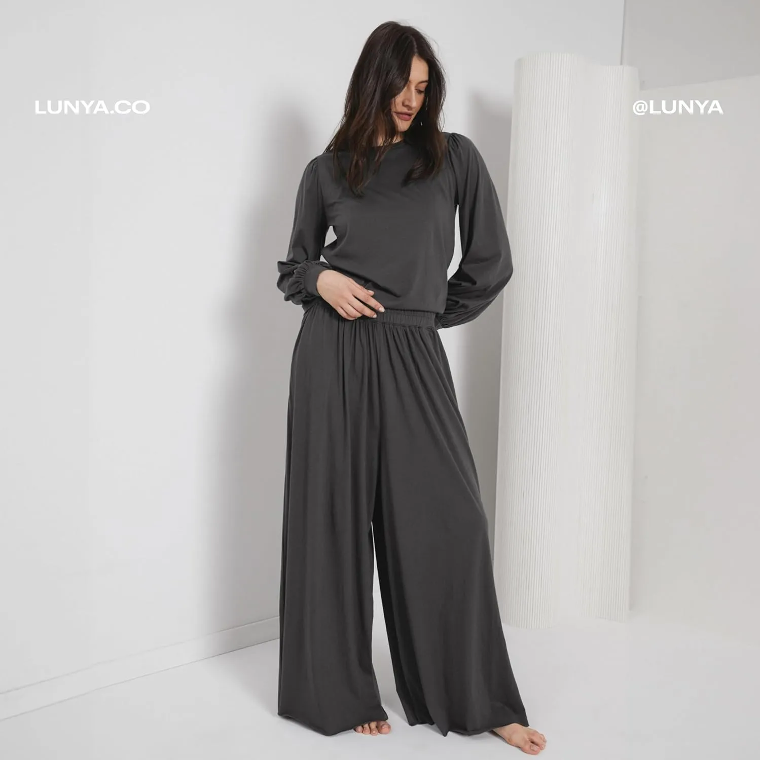 Lunya Organic Pima Wide Leg Cotton Pants for Women - Organic Cotton Palazzo Pants - High Rise Waistband - Relaxed Lounge Wear