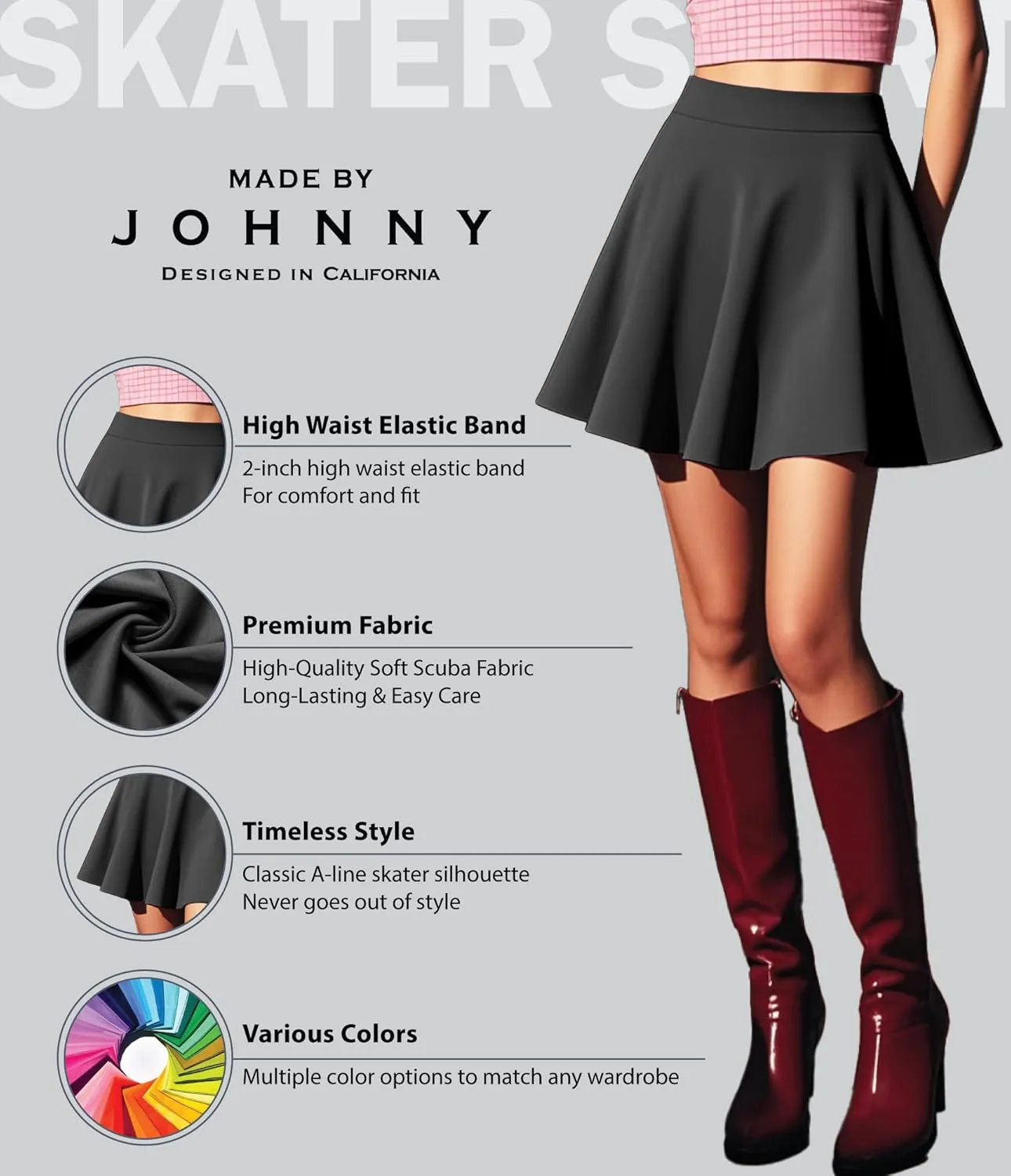 Made By Johnny Women's Basic Versatile Stretchy Flared Casual Mini Skater Skirt XS-3XL Plus Size