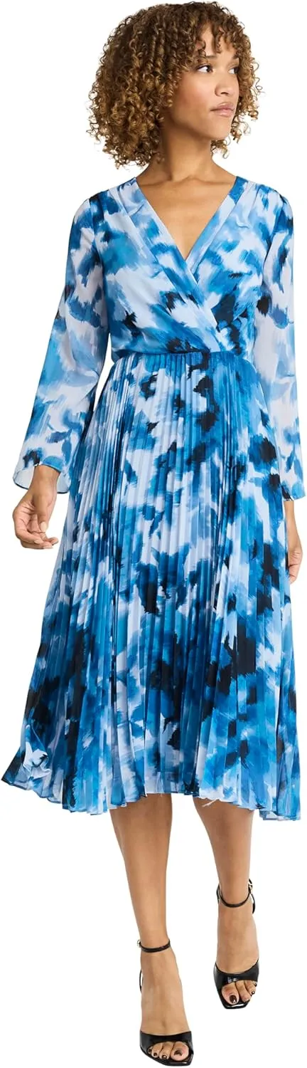 Maggy London Women's Elegant Wrap Midi Long Sleeve V-Neck Pleated Skirt-Versatile Wedding Guest Dresses