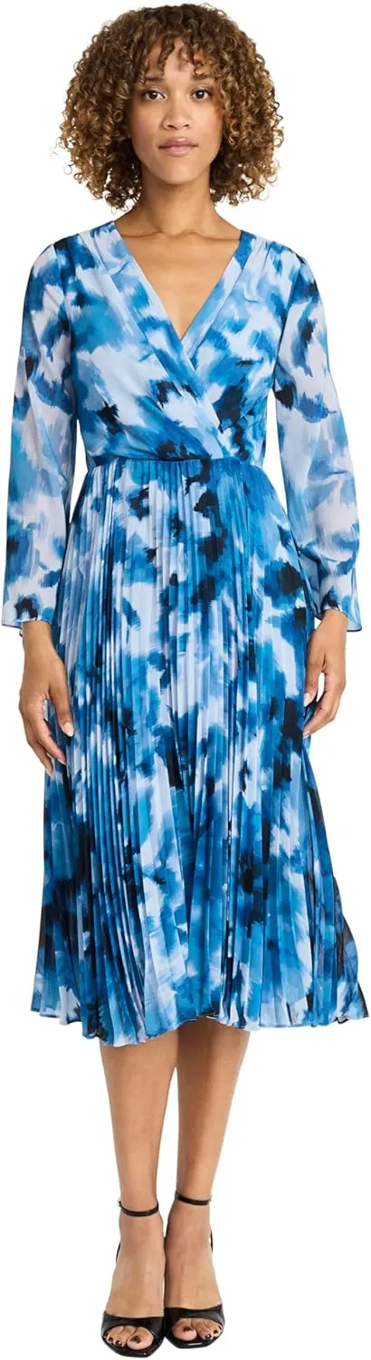 Maggy London Women's Elegant Wrap Midi Long Sleeve V-Neck Pleated Skirt-Versatile Wedding Guest Dresses