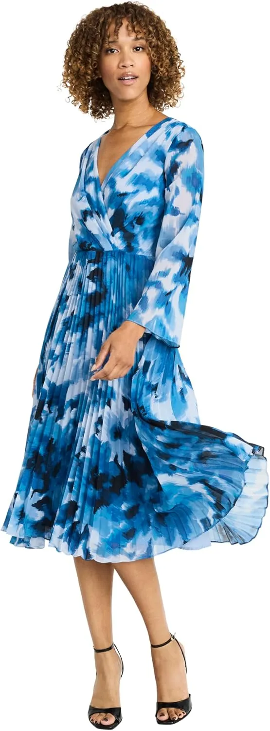 Maggy London Women's Elegant Wrap Midi Long Sleeve V-Neck Pleated Skirt-Versatile Wedding Guest Dresses