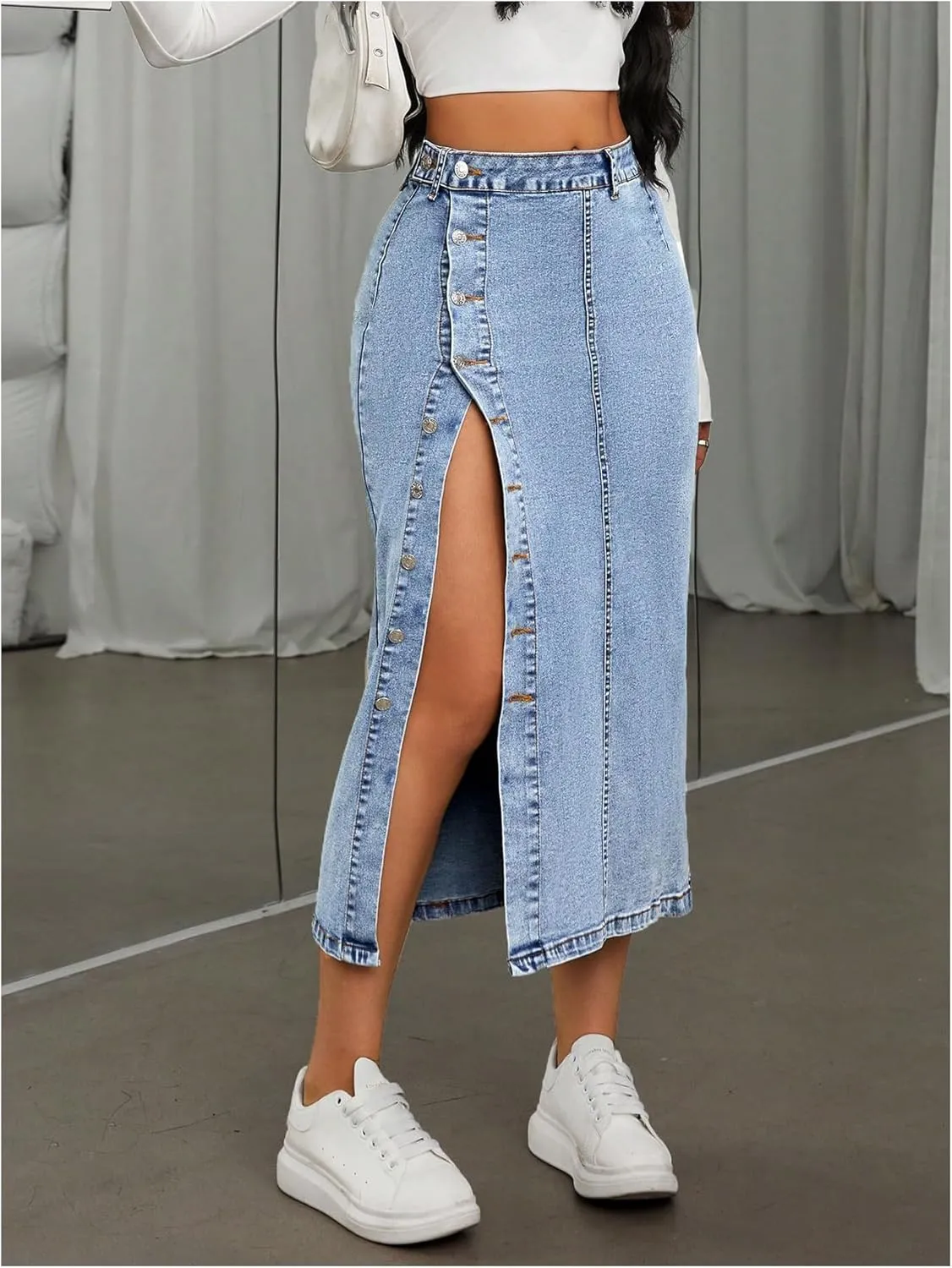MakeMeChic Women's Denim Split Thigh Long Skirt Button Skinny Y2K Jean Skirts