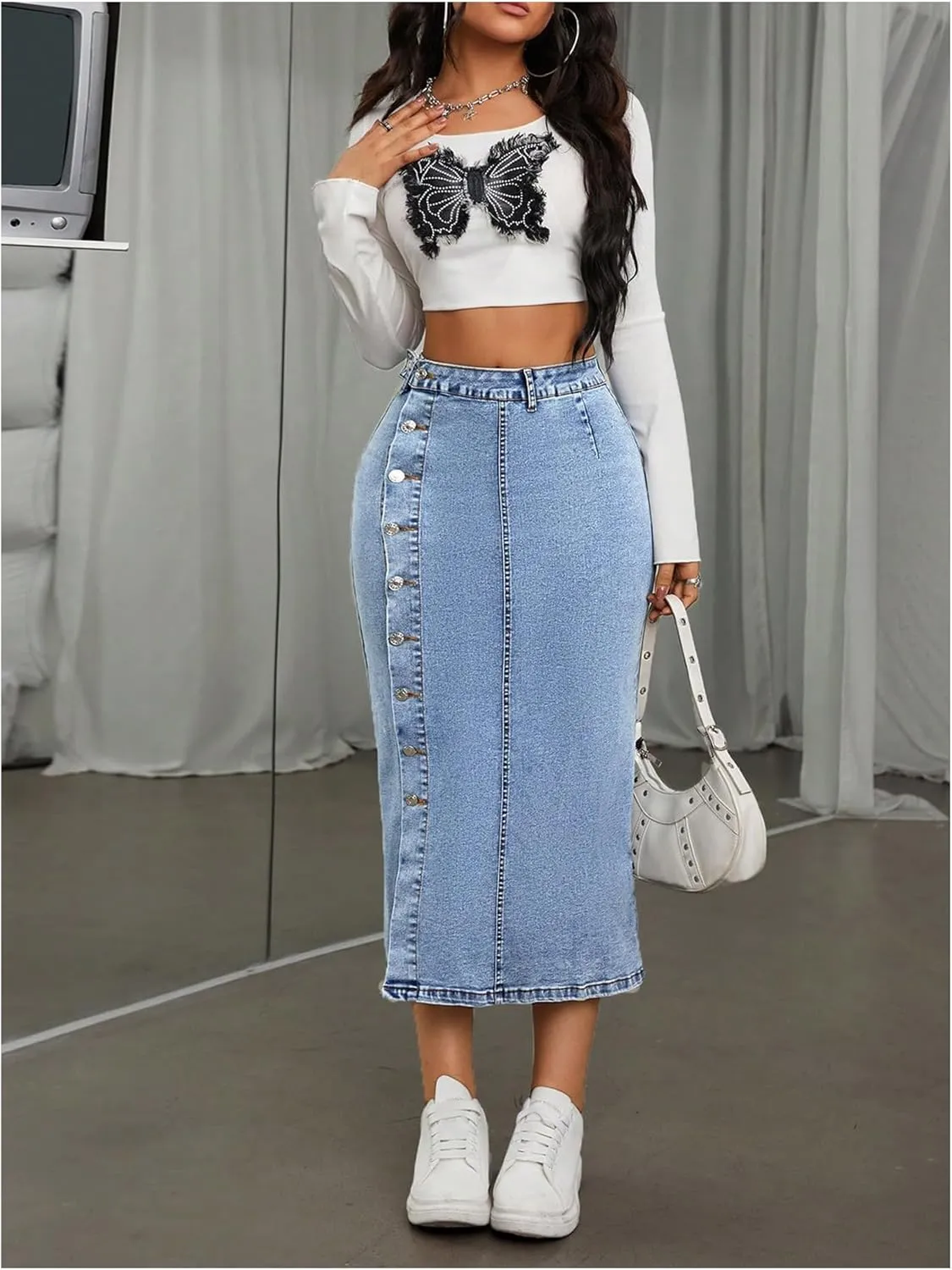 MakeMeChic Women's Denim Split Thigh Long Skirt Button Skinny Y2K Jean Skirts