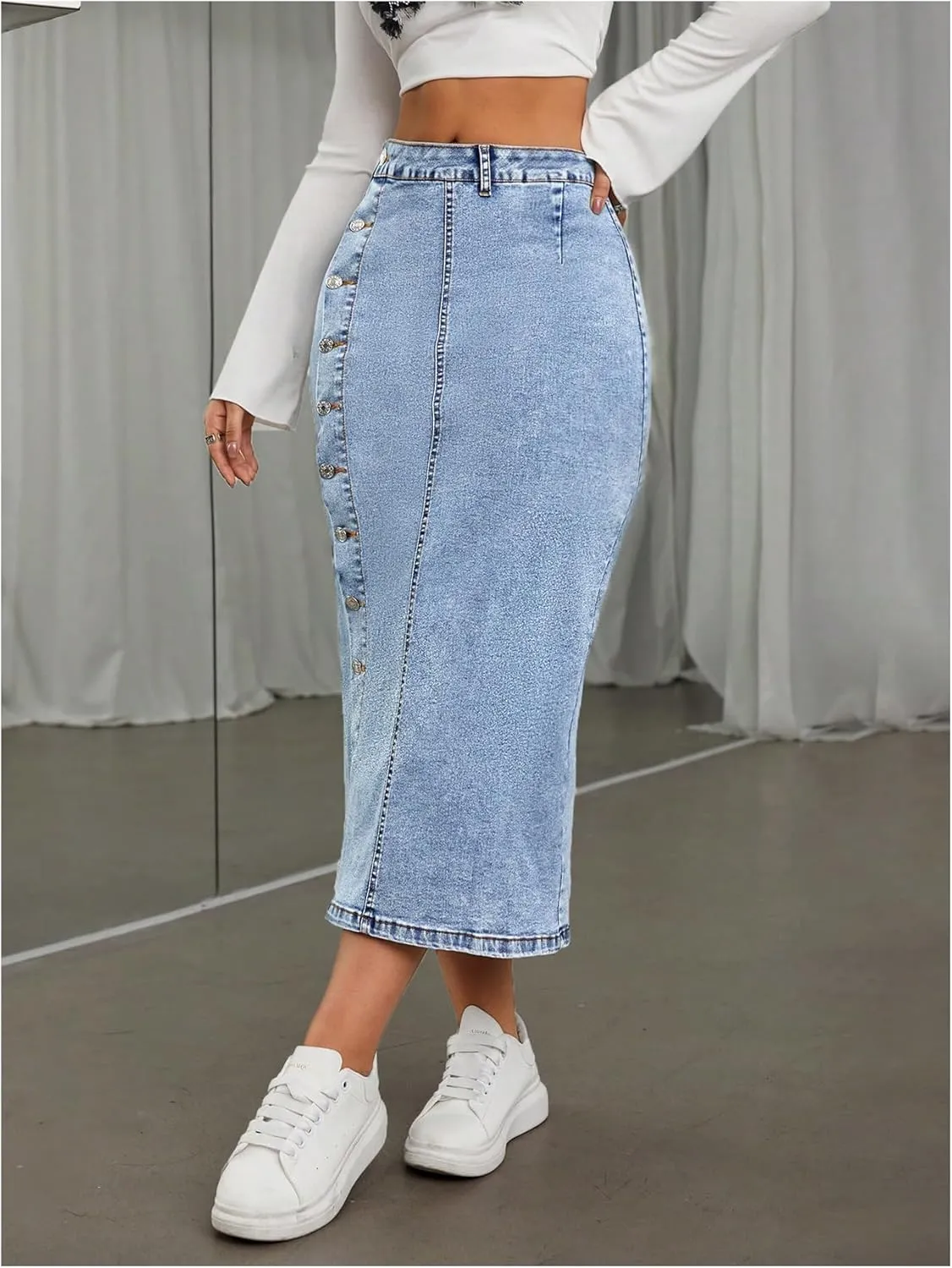 MakeMeChic Women's Denim Split Thigh Long Skirt Button Skinny Y2K Jean Skirts