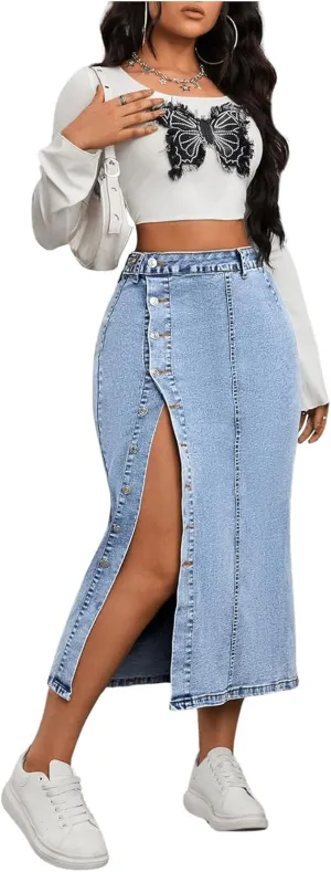 MakeMeChic Women's Denim Split Thigh Long Skirt Button Skinny Y2K Jean Skirts