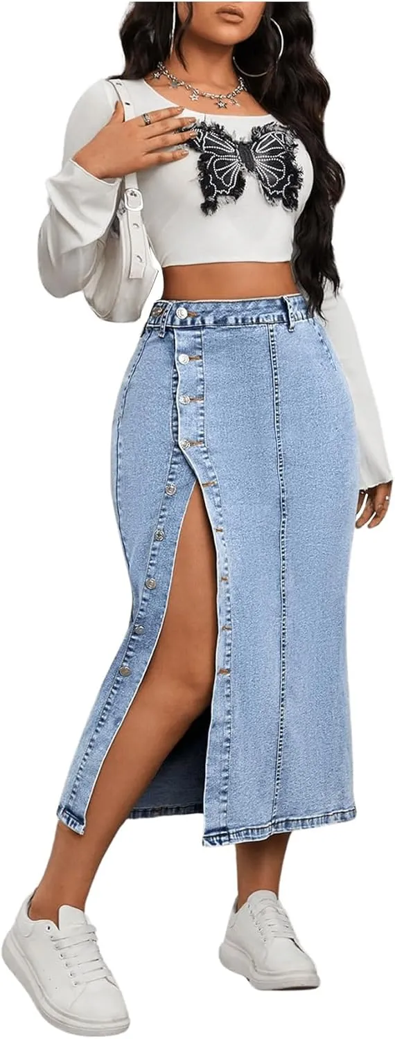 MakeMeChic Women's Denim Split Thigh Long Skirt Button Skinny Y2K Jean Skirts