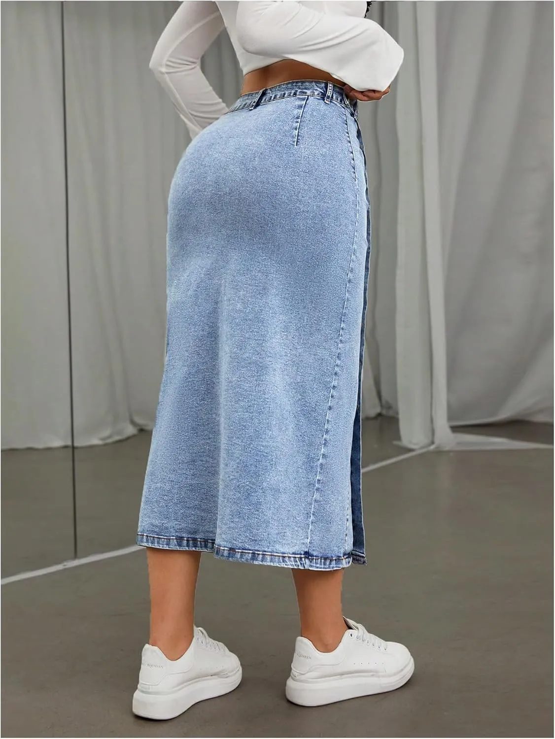 MakeMeChic Women's Denim Split Thigh Long Skirt Button Skinny Y2K Jean Skirts