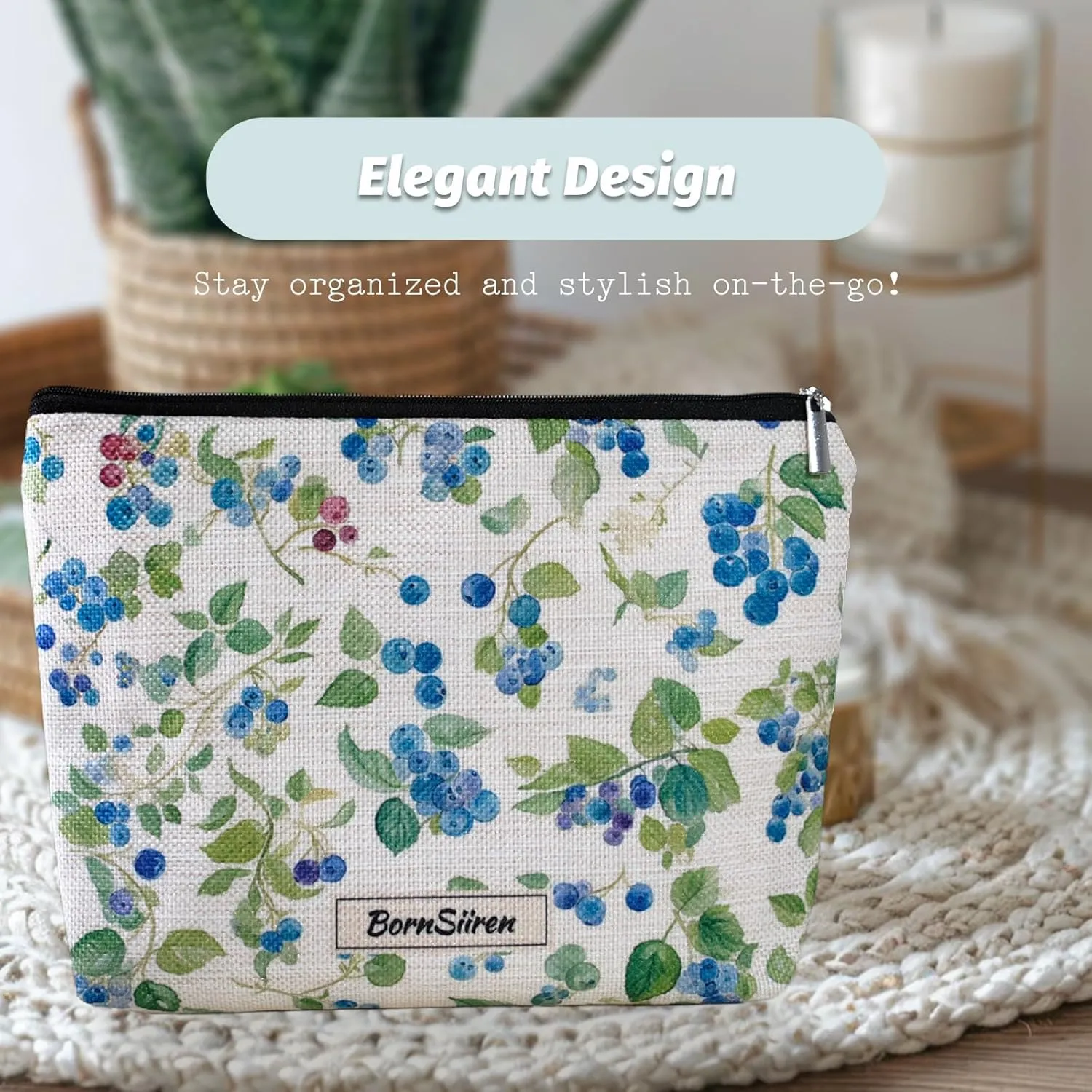 Makeup Bag Blueberry with Leave Cosmetic Bag for Women Coquette Aesthetic Toiletry Bag Pouch Organizer Travel Accessories Storage with Lining