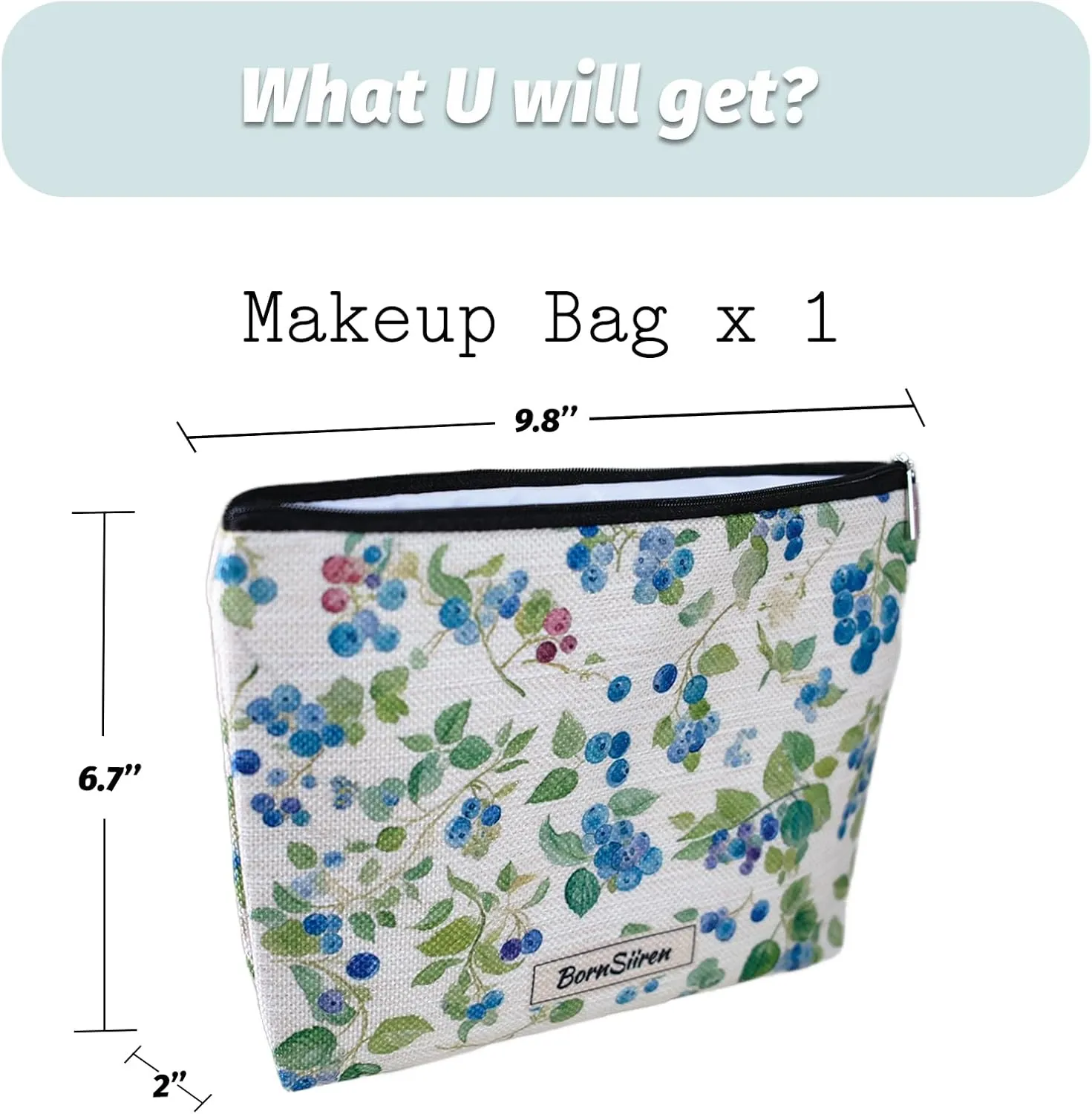 Makeup Bag Blueberry with Leave Cosmetic Bag for Women Coquette Aesthetic Toiletry Bag Pouch Organizer Travel Accessories Storage with Lining