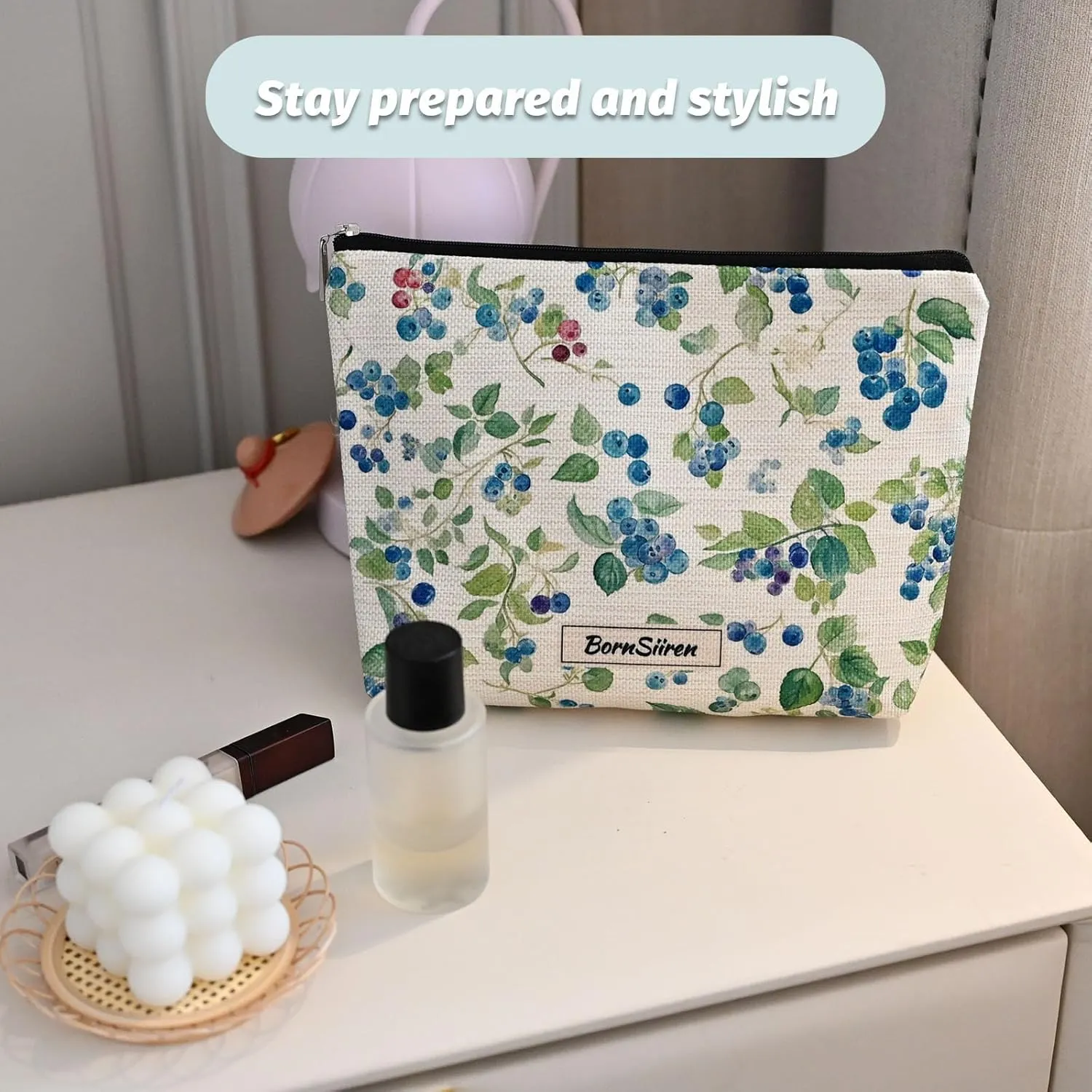 Makeup Bag Blueberry with Leave Cosmetic Bag for Women Coquette Aesthetic Toiletry Bag Pouch Organizer Travel Accessories Storage with Lining